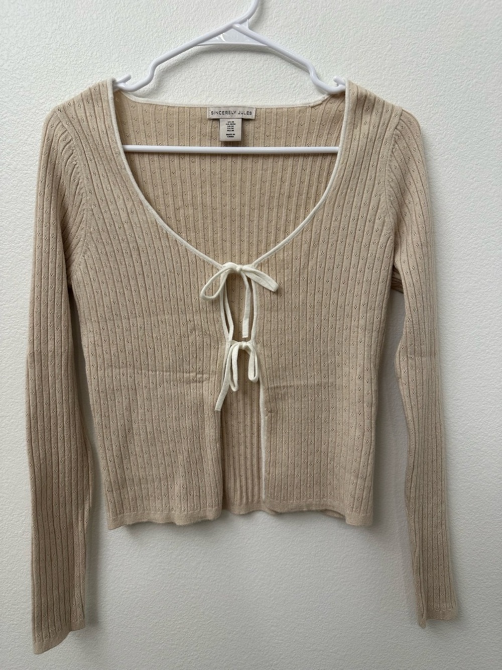 Sincerely Jules Beige Tie-Front Ribbed Cardigan